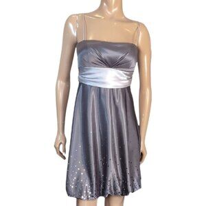 💠Laura Satin Mini Dress Womens Size 6 Grey Metallic Silver Spaghetti Strap Sash